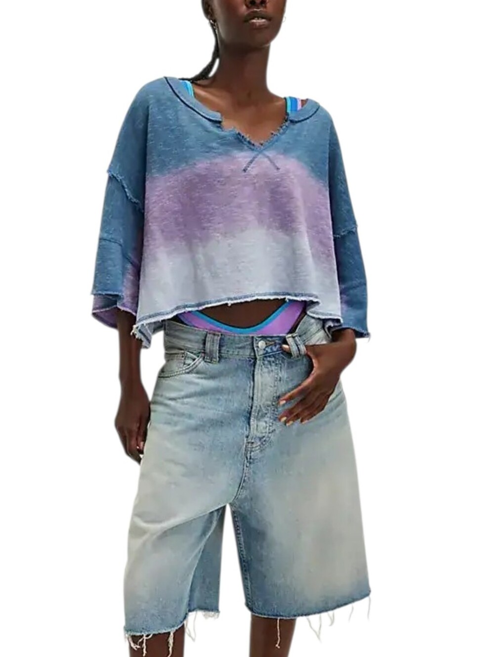 We The Free After Midnight Washed Tee Blue Ombre Boxy Oversized Top Large NWT